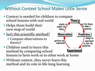 Without Context School Makes Little Sense
 Context is needed for children to compare
school lessons with real world
 Helps them build their
own map of world
 Isn’t this scientific method?
 Compare observations to
theory?
 Children used to learn this
method by comparing school
lessons to farm work or to other work at home
 Without context, they never learn this
method and its role in life-long learning
 