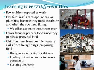 Learning is Very Different Now
 Few children exposed to work
 Few families fix cars, appliances, or
plumbing because they need less fixing
and when they do need fixing,
 We call an expert, or throw them away
 Fewer families prepare food since they
purchase prepared food
 Children don’t learn complementary
skills from fixing things, preparing
food
 Doing measurements, calculations
 Reading instructions or maintenance
documents
 Planning their work
 