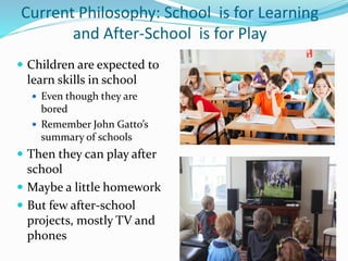  Children are expected to
learn skills in school
 Even though they are
bored
 Remember John Gatto’s
summary of schools
 Then they can play after
school
 Maybe a little homework
 But few after-school
projects, mostly TV and
phones
Current Philosophy: School is for Learning
and After-School is for Play
 