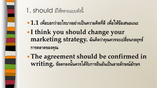 1.1 เพื่อบอกว่าอะไรบางอย่างเป็นความคิดที่ดี เพื่อให้ข้อเสนอแนะ
I think you should change your
marketing strategy. ฉันคิดว่าคุณควรจะเปลี่ยนกลยุทธ์
การตลาดของคุณ
The agreement should be confirmed in
writing. ข้อตกลงนั้นควรได้รับการยืนยันเป็นลายลักษณ์อักษร
1. should มีใช้หลายแบบดังนี้
 