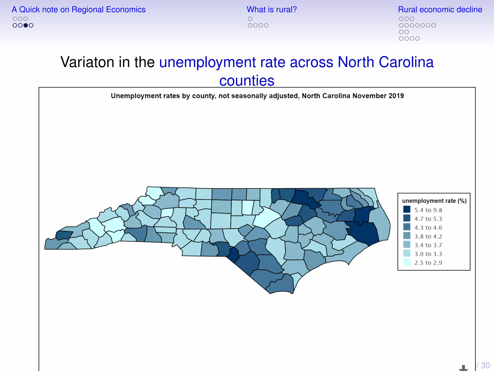 8/ 30
A Quick note on Regional Economics What is rural? Rural economic decline
Variaton in the unemployment rate across North Carolina
counties
 