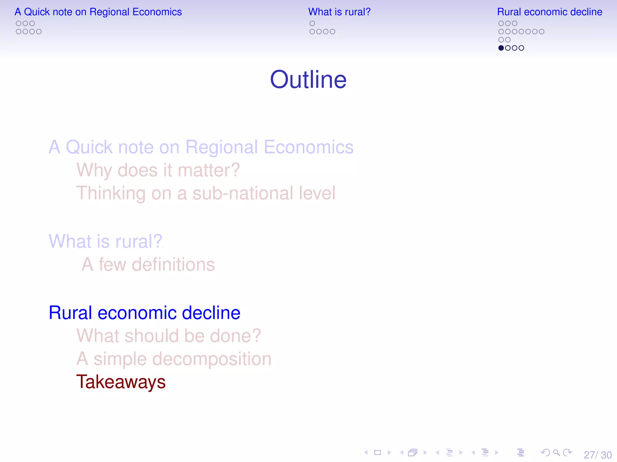 27/ 30
A Quick note on Regional Economics What is rural? Rural economic decline
Outline
A Quick note on Regional Economics
Why does it matter?
Thinking on a sub-national level
What is rural?
A few deﬁnitions
Rural economic decline
What should be done?
A simple decomposition
Takeaways
 