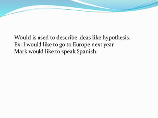 Would is used to describe ideas like hypothesis.
Ex: I would like to go to Europe next year.
Mark would like to speak Spanish.
 