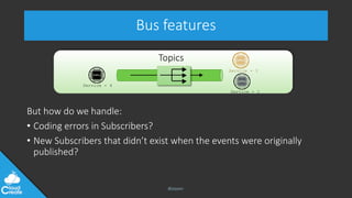 @jeppec
Topics
Bus features
But how do we handle:
• Coding errors in Subscribers?
• New Subscribers that didn’t exist when the events were originally
published?
Service - 4
Service - 1
Service - 3
 