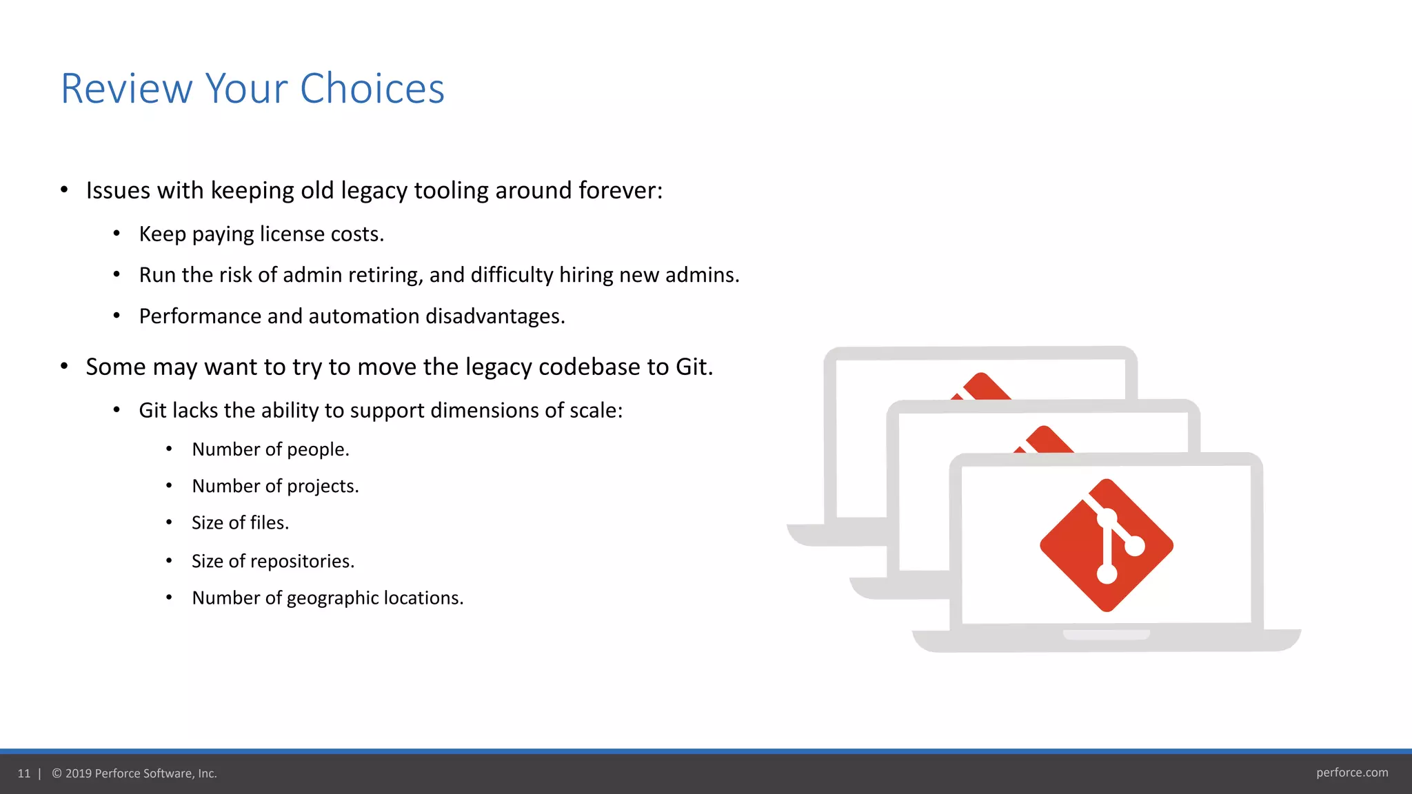 perforce.com11 | © 2019 Perforce Software, Inc.
• Issues with keeping old legacy tooling around forever:
• Keep paying license costs.
• Run the risk of admin retiring, and difficulty hiring new admins.
• Performance and automation disadvantages.
• Some may want to try to move the legacy codebase to Git.
• Git lacks the ability to support dimensions of scale:
• Number of people.
• Number of projects.
• Size of files.
• Size of repositories.
• Number of geographic locations.
Review Your Choices
 