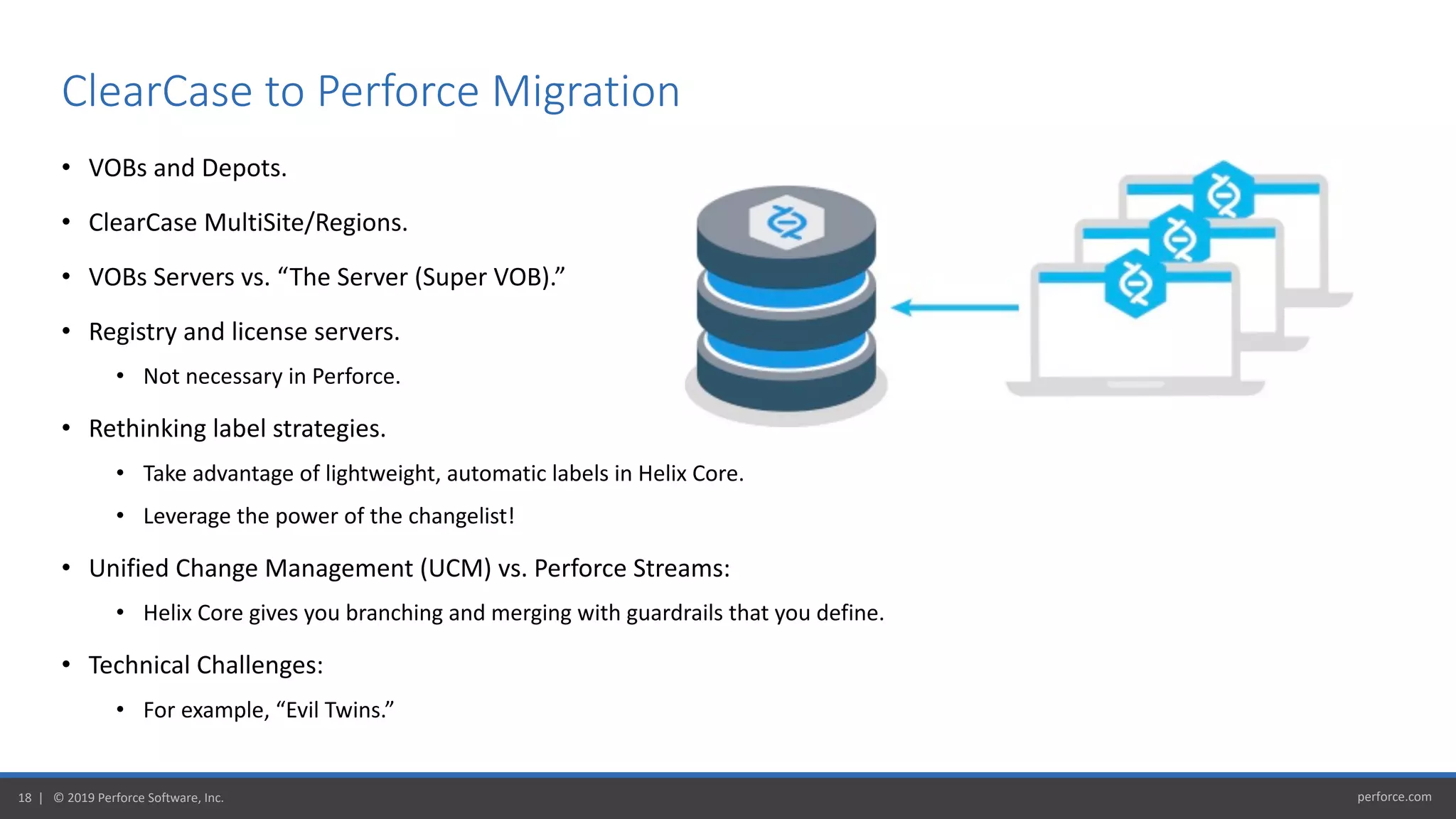 perforce.com18 | © 2019 Perforce Software, Inc.
• VOBs and Depots.
• ClearCase MultiSite/Regions.
• VOBs Servers vs. “The Server (Super VOB).”
• Registry and license servers.
• Not necessary in Perforce.
• Rethinking label strategies.
• Take advantage of lightweight, automatic labels in Helix Core.
• Leverage the power of the changelist!
• Unified Change Management (UCM) vs. Perforce Streams:
• Helix Core gives you branching and merging with guardrails that you define.
• Technical Challenges:
• For example, “Evil Twins.”
ClearCase to Perforce Migration
 