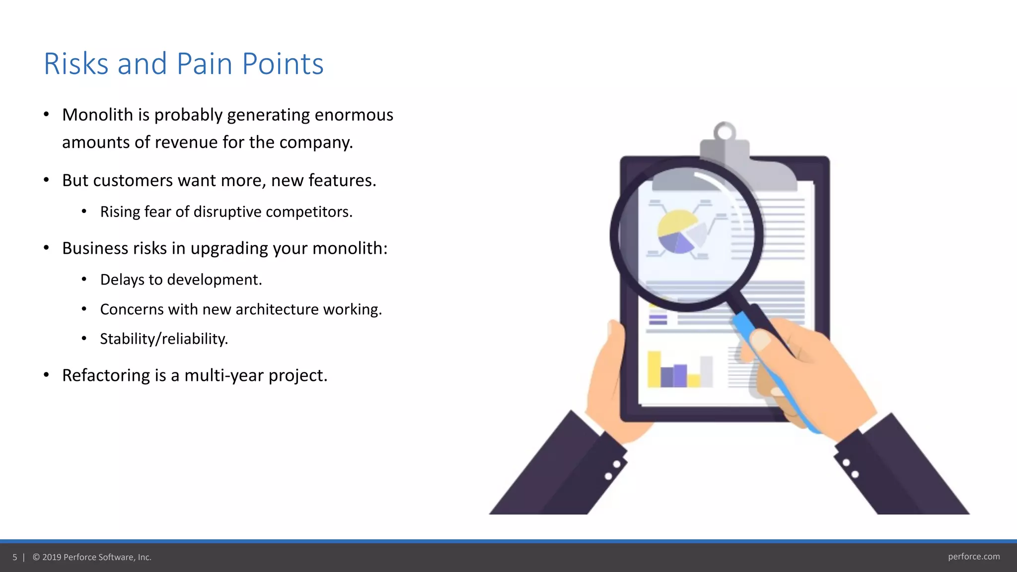 perforce.com5 | © 2019 Perforce Software, Inc.
• Monolith is probably generating enormous
amounts of revenue for the company.
• But customers want more, new features.
• Rising fear of disruptive competitors.
• Business risks in upgrading your monolith:
• Delays to development.
• Concerns with new architecture working.
• Stability/reliability.
• Refactoring is a multi-year project.
Risks and Pain Points
 