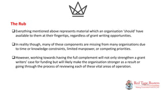 16
P A G E
Everything mentioned above represents material which an organisation ‘should’ have
available to them at their fingertips, regardless of grant writing opportunities.
In reality though, many of these components are missing from many organisations due
to time or knowledge constraints, limited manpower, or competing priorities.
However, working towards having the full complement will not only strengthen a grant
writers’ case for funding but will likely make the organisation stronger as a result or
going through the process of reviewing each of these vital areas of operation.
The Rub
 