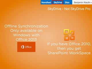 Only available on
Windows with
Office 2013
Offline Synchronization
If you have Office 2010,
then you get
SharePoint WorkSpace
SkyDrive - Not SkyDrive Pro
 