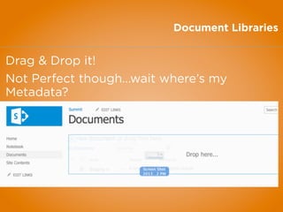 Document Libraries
Drag & Drop it!
Not Perfect though...wait where’s my
Metadata?
 