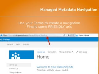 Managed Metadata Navigation
Use your Terms to create a navigation
Finally some FRIENDLY urls
 