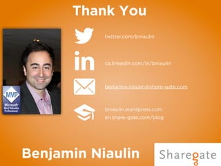 



twitter.com/bniaulin
ca.linkedin.com/in/bniaulin
benjamin.niaulin@share-gate.com
bniaulin.wordpress.com
en.share-gate.com/blog
Benjamin Niaulin
Thank You
 