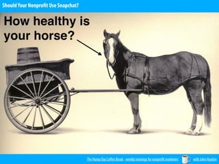 The Hump Day Coﬀee Break - weekly trainings for nonprofit marketers with John Haydon
ShouldYour Nonprofit Use Snapchat?
How healthy is
your horse?
 