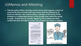 (ii)Memos and Attesting
 That the police officer carrying out the arrest shall prepare a memo of
arrest at the time of arrest and such memo shall be attested by at
least one witness, who may be either a member of the family of the
arrestee or a respectable person of the locality from where the arrest
is made. It shall also be counter signed by the arrestee and shall
contain the time and date of arrest. The arrestee can inform a relative.
 