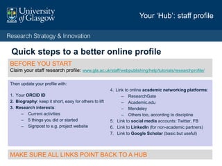 Especially useful:
say what you've done in the
context of what everyone else
has done.
Your ‘Hub’: staff profile
 