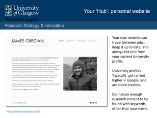 • Biography: Short, focus, easy for
others to use
• Explain who you are, what you do,
why it matters*
* It doesn’t need to matter to everyone, but it does need to
matter to the audiences you want to reach
• Research interests:
– Current activities
– Five things you did or started
– Signpost to e.g. project site, blog,
partners*
* Are you visible within your partner’s web pages? Can you
be—it’s always worth asking? Reciprocity is important.
• Link to online academic networking
platforms:
– ResearchGate
– Academic.edu
– Others too, according to discipline
• Your ORCID ID
• Link to social media accounts:
Twitter, FB (if used professionally)
• Link to LinkedIn (for non-academic
partners) – complete a ‘Summary’
• Link to Google Scholar (basic but
useful)
Your ‘Hub’: staff profile
 
