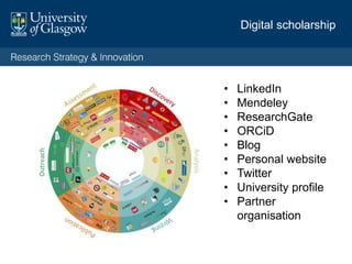 • LinkedIn
• Mendeley
• ResearchGate
• ORCiD
• Blog
• Personal website
• Twitter
• University profile
• Partner
organisation
Digital scholarship
 