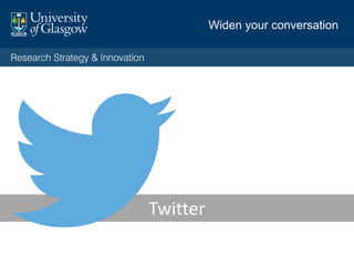 The minimum: A Twitter ‘business card’. Think
of it as a digital identifier that people can use to
talk about you, and allows you (and others) to
track these and find out more.
You still need a minimum of content.
• Use your real name
• Include a photo
• Include a bio:
– What you do
– Key message
– Can include @project
– A link to you ‘hub’
Getting started: 1st steps
 