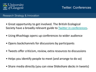 Your own blog
Adv: your own space, your own rules, self-edited, idiosyncratic
Disadv: Responsible for everything, hard to talk about your research in
every post
Options:
Wordpress.com (online hosted) and Wordpress.org (you download and find
a host)
Blogger.com
Tumblr.com
If you just want to post (without bother of a blog site) consider Medium
Where to blog
 