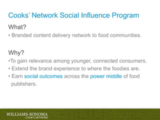 Cooks’ Network Social Influence ProgramWhat?  Branded content delivery network to food communities.Why? To gain relevance among younger, connected consumers.