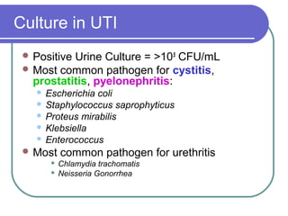 Culture in UTI
 Positive Urine Culture = >105
CFU/mL
 Most common pathogen for cystitis,
prostatitis, pyelonephritis:
 Escherichia coli
 Staphylococcus saprophyticus
 Proteus mirabilis
 Klebsiella
 Enterococcus
 Most common pathogen for urethritis
 Chlamydia trachomatis
 Neisseria Gonorrhea
 