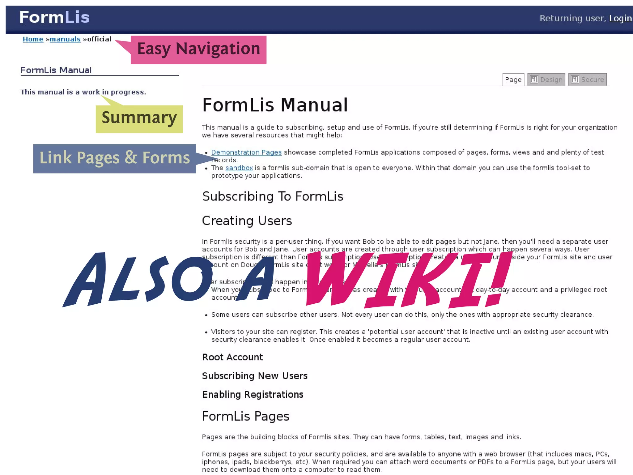 E
            . asy Navigation




       S
       . ummary



L
. ink Pages & Forms




   Also a WIKI!
                               .
 