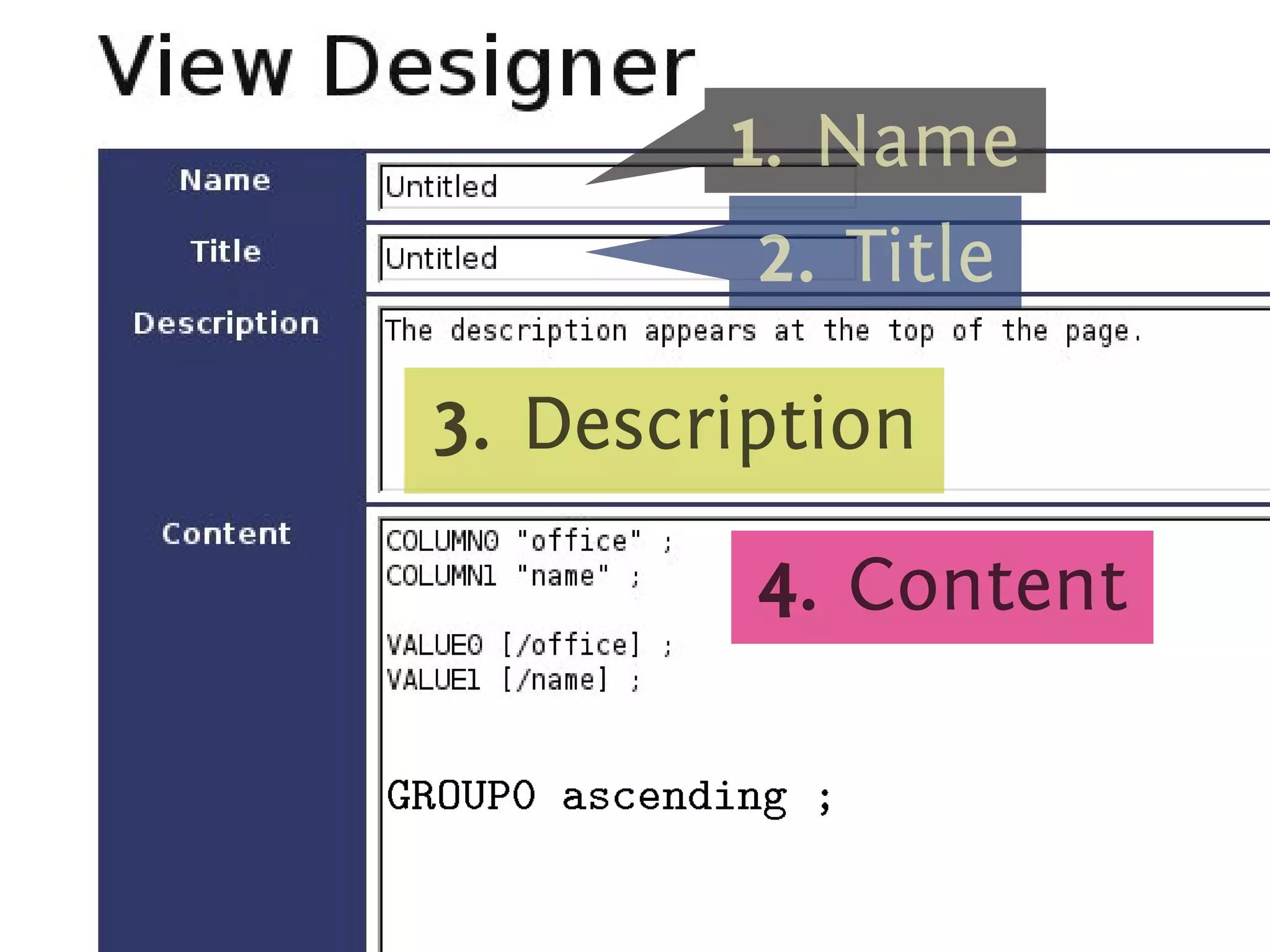 .




                   1
                   . . Name

                    2
                    . . Title


     3
     . . Description


                   4
                   . . Content

               .

    G
    . ROUP0 ascending ;
 
