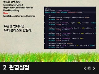 만드는 순서. 일단 
ExampleUserDetail 
RepositoryUserDetailService 
UserRepository 
User 
SimpleSocialUserDetail Service 
유일한 엔티티인 
유저 클래스도 만든다. 
2. 환경설정 13 
 