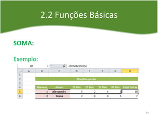 2.2 Funções Básicas
SOMA:
Exemplo:
14
 
