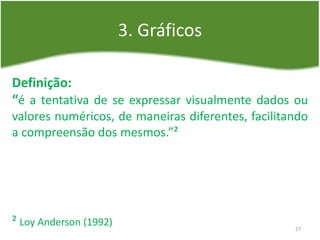 3. Gráficos
Definição:
“é a tentativa de se expressar visualmente dados ou
valores numéricos, de maneiras diferentes, facilitando
a compreensão dos mesmos.”²
² Loy Anderson (1992) 27
 