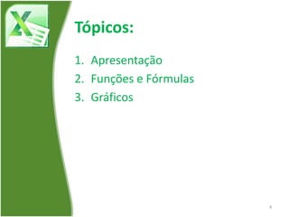Tópicos:
1. Apresentação
2. Funções e Fórmulas
3. Gráficos
4
 
