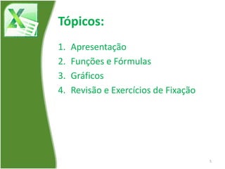 Tópicos:
1. Apresentação
2. Funções e Fórmulas
3. Gráficos
4. Revisão e Exercícios de Fixação
5
 