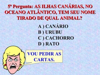 5ª Pergunta: AS ILHAS CANÁRIAS, NO OCEANO ATLÂNTICO, TEM SEU NOME TIRADO DE QUAL ANIMAL?  VOU PEDIR AS CARTAS. A ) CANÁRIO  B ) URUBU  C ) CACHORRO  D ) RATO 