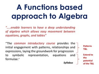 A Functions based
    approach to Algebra
“…..enable learners to have a deep understanding
of algebra which allows easy movement between
equations, graphs, and tables”

“The common introductory course provides the
                                                      Patterns
initial engagement with patterns, relationships and   T&L
expressions, laying the groundwork for progression
to symbolic representation, equations and             Extend to
                                                      the
formulae.”                                            potential
                                          Syllabus    of the T&L
 