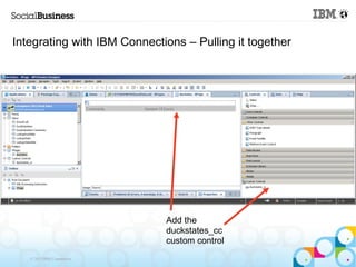 Integrating with IBM Connections – Pulling it together




                             Add the
                             duckstates_cc
                             custom control
   © 2013 IBM Corporation
 