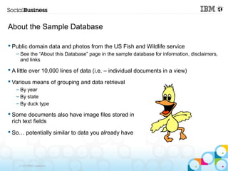 About the Sample Database

 Public domain data and photos from the US Fish and Wildlife service
   – See the “About this Database” page in the sample database for information, disclaimers,
     and links

 A little over 10,000 lines of data (i.e. – individual documents in a view)

 Various means of grouping and data retrieval
   – By year
   – By state
   – By duck type

 Some documents also have image files stored in
  rich text fields
 So… potentially similar to data you already have




    © 2013 IBM Corporation
 