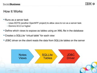 How It Works

 Runs as a server task
   – Uses DOTS (another OpenNTF project) to allow Java to run as a server task
   – Domino 8.5.3 or higher

 Define which views to expose as tables using an XML file in the database

 Creates a SQLLite “virtual table” for each view

 JDBC driver on the client reads the data from SQLLite tables on the server




                        Notes         SQLLite                  JDBC
                        Views          Tables                  Driver



    © 2013 IBM Corporation
 