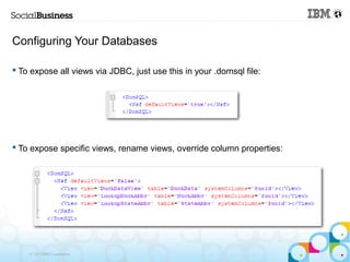 Configuring Your Databases

 To expose all views via JDBC, just use this in your .domsql file:




 To expose specific views, rename views, override column properties:




    © 2013 IBM Corporation
 