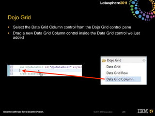 © 2011 IBM Corporation
Dojo Grid
• Select the Data Grid Column control from the Dojo Grid control pane
• Drag a new Data Grid Column control inside the Data Grid control we just
added
205
 