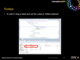 © 2011 IBM Corporation
• In cell A1 drag a label and set the Label to “EMail address”
225
Tooltips
 