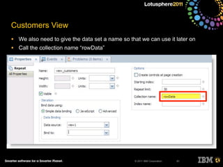 © 2011 IBM Corporation
Customers View
• We also need to give the data set a name so that we can use it later on
• Call the collection name “rowData”
61
 