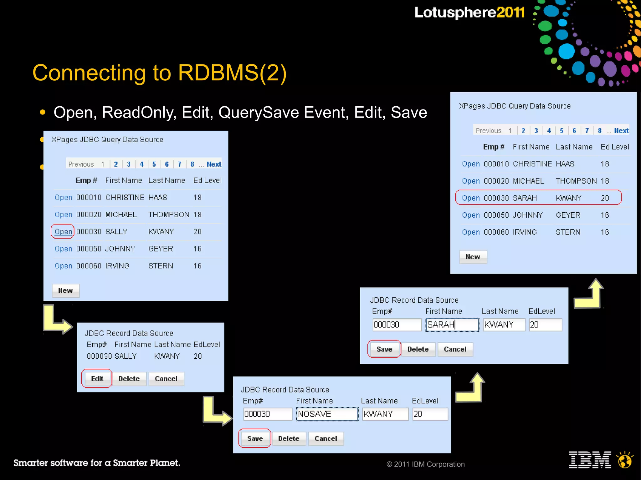 Connecting to RDBMS(2)
●   Open, ReadOnly, Edit, QuerySave Event, Edit, Save
●

●




                                               © 2011 IBM Corporation
 