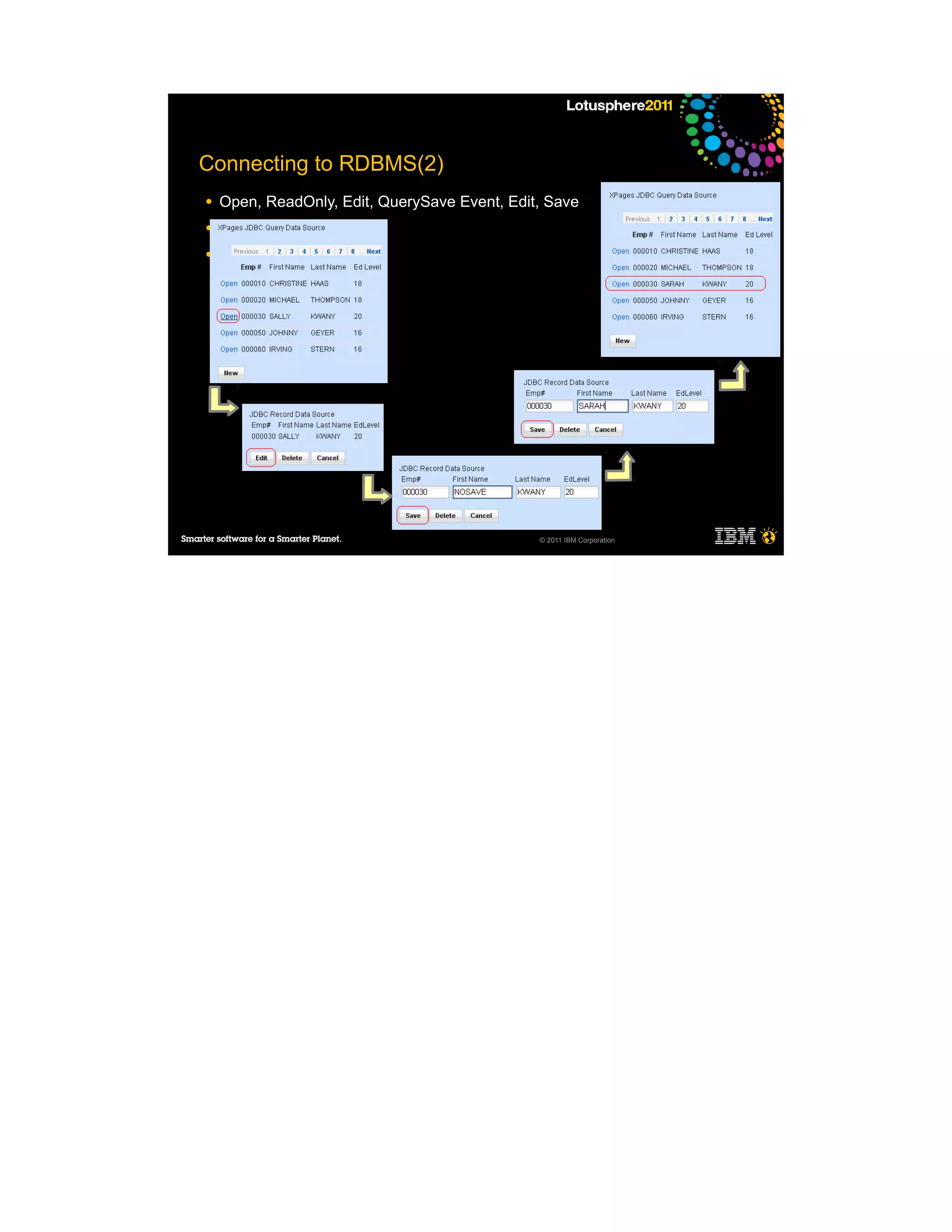 Connecting to RDBMS(2)
●   Open, ReadOnly, Edit, QuerySave Event, Edit, Save
●

●




                                               © 2011 IBM Corporation
 