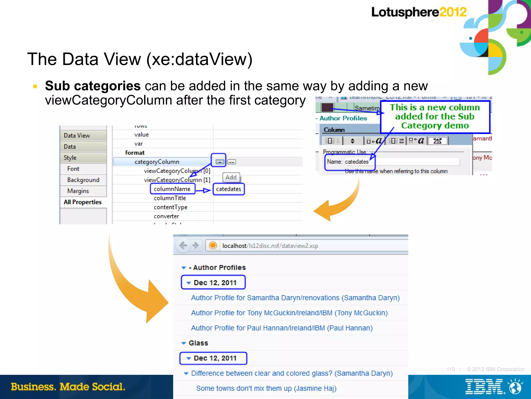 The Data View (xe:dataView)
■   Sub categories can be added in the same way by adding a new
    viewCategoryColumn after the first category




                                                                  119 |   © 2012 IBM Corporation
 