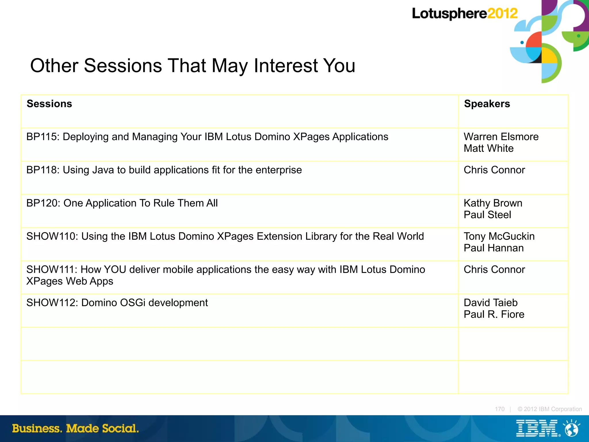 Other Sessions That May Interest You
Sessions                                                                          Speakers


BP115: Deploying and Managing Your IBM Lotus Domino XPages Applications           Warren Elsmore
                                                                                  Matt White

BP118: Using Java to build applications fit for the enterprise                    Chris Connor


BP120: One Application To Rule Them All                                           Kathy Brown
                                                                                  Paul Steel

SHOW110: Using the IBM Lotus Domino XPages Extension Library for the Real World   Tony McGuckin
                                                                                  Paul Hannan

SHOW111: How YOU deliver mobile applications the easy way with IBM Lotus Domino   Chris Connor
XPages Web Apps

SHOW112: Domino OSGi development                                                  David Taieb
                                                                                  Paul R. Fiore




                                                                                        170 |   © 2012 IBM Corporation
 