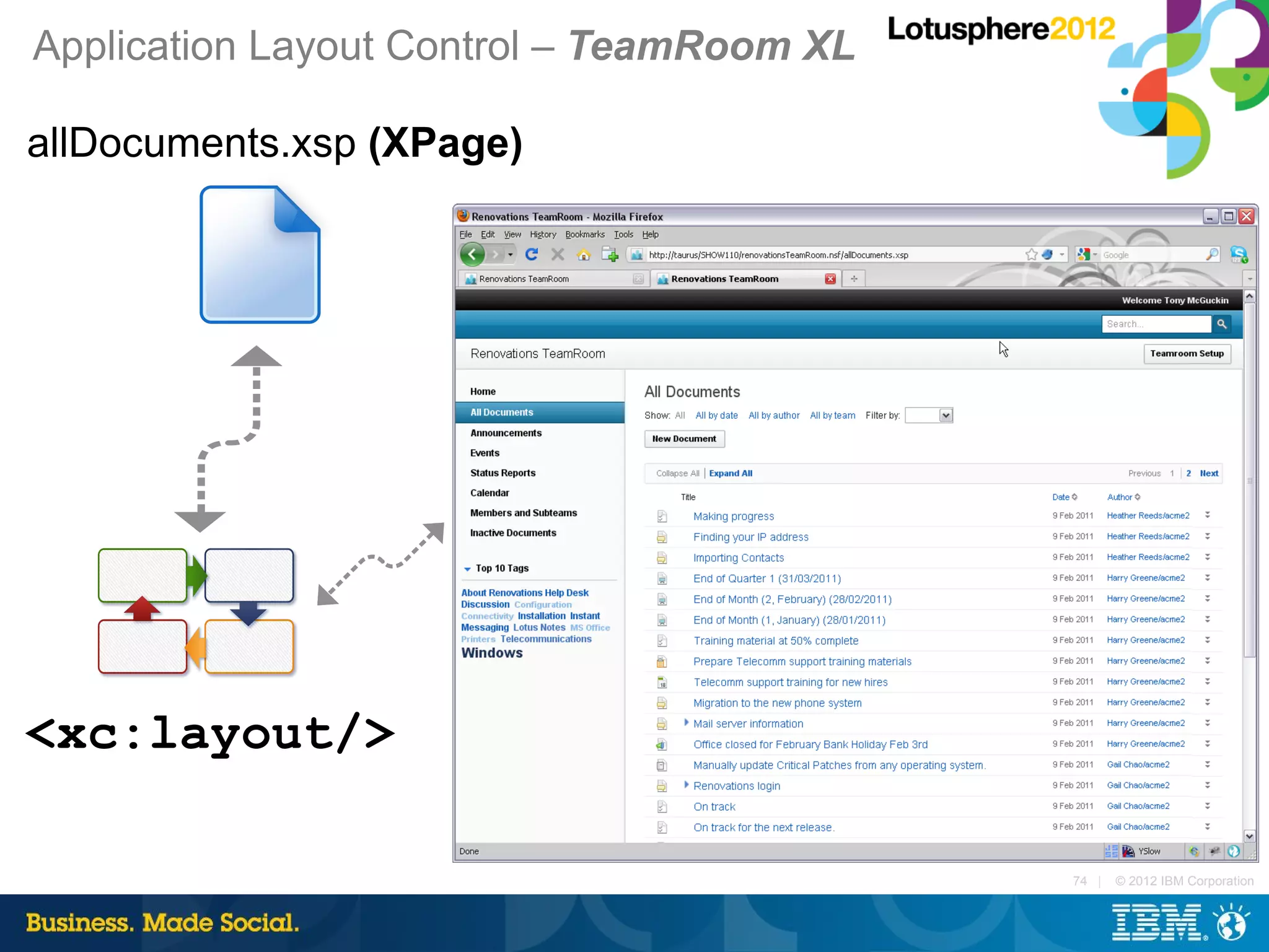 Application Layout Control – TeamRoom XL

allDocuments.xsp (XPage)




<xc:layout/>

                                           74 |   © 2012 IBM Corporation
 