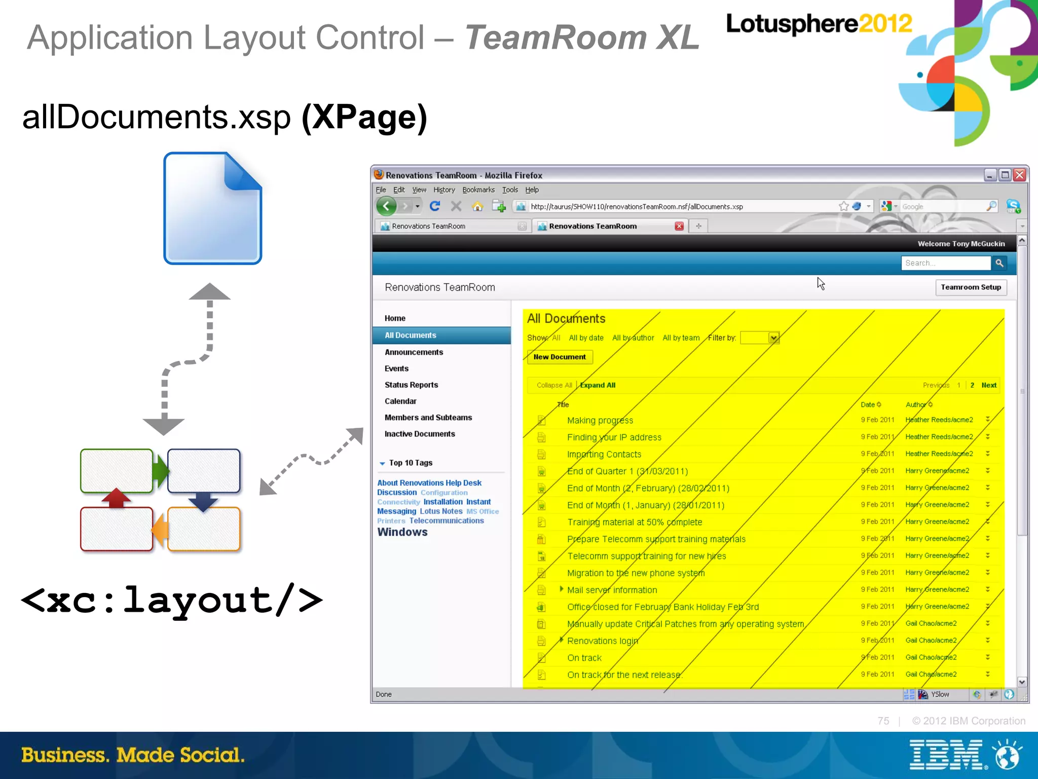 Application Layout Control – TeamRoom XL

allDocuments.xsp (XPage)




<xc:layout/>

                                           75 |   © 2012 IBM Corporation
 