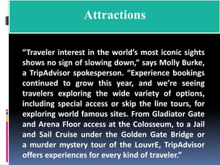 “Traveler interest in the world’s most iconic sights
shows no sign of slowing down,” says Molly Burke,
a TripAdvisor spokesperson. “Experience bookings
continued to grow this year, and we’re seeing
travelers exploring the wide variety of options,
including special access or skip the line tours, for
exploring world famous sites. From Gladiator Gate
and Arena Floor access at the Colosseum, to a Jail
and Sail Cruise under the Golden Gate Bridge or
a murder mystery tour of the LouvrE, TripAdvisor
offers experiences for every kind of traveler.”
Attractions
 