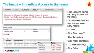 The Image – Immediate Access to the Image
§  Final Licensing Terms
are being reviewed for
the Image.
§  You’ll need to s...