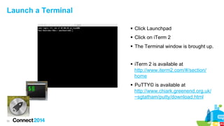 Launch a Terminal
§  Click Launchpad
§  Click on iTerm 2
§  The Terminal window is brought up.
§  iTerm 2 is available...